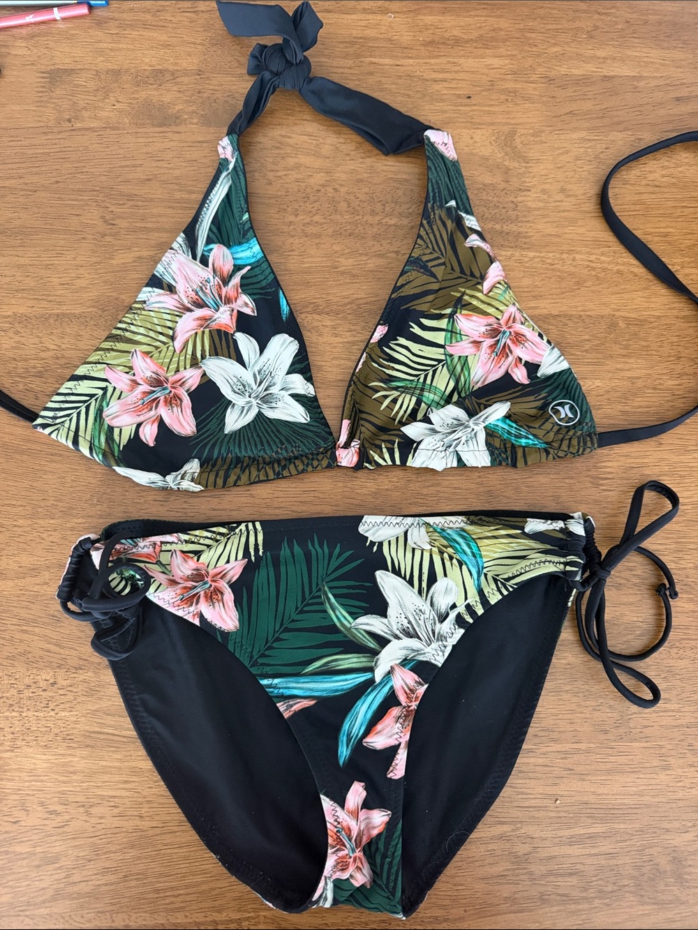 Hurley Black Floral Reversible Tie-Back Triangle Bikini